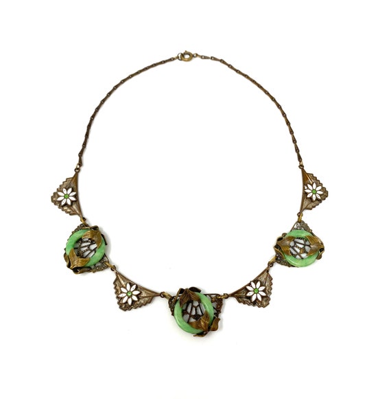 Vintage 1930s Brass & Green Enamel Neckace