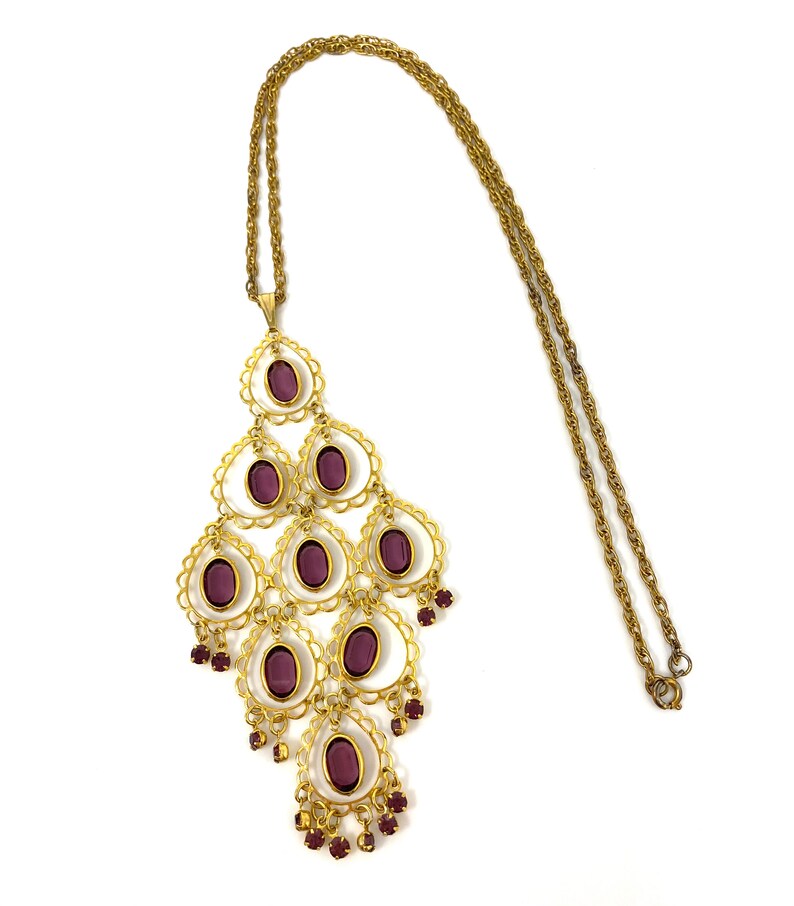 Vintage 1970s Gold and Purple Lucite Dangle Boho Pendant Necklace