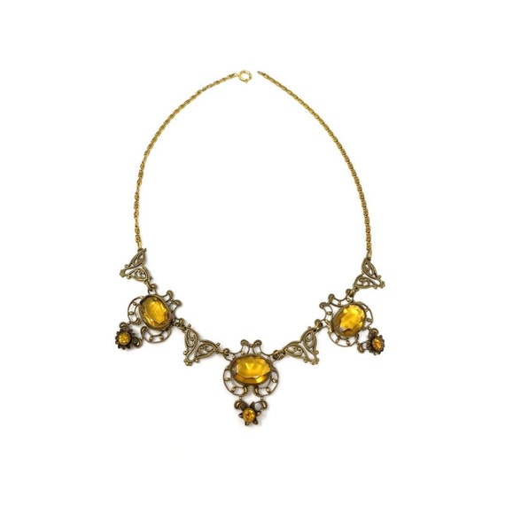 Vintage 1930s Amber Glass Ornate Brass Necklace