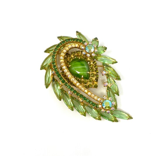 Vintage Rhinestone Pin, Green & Aurora Borealis Rh
