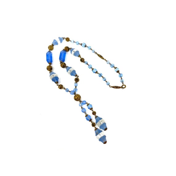 Vintage 1930s Blue & Clear Glass Bead Brass Neckla