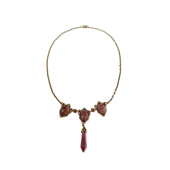 Vintage 1930s Brass & Purple Glass Drop Necklace