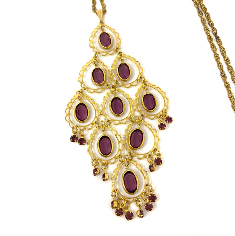 Vintage 1970s Gold and Purple Lucite Dangle Boho Pendant Necklace