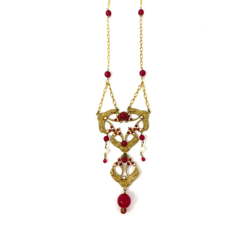 Pink /& Pearl Long Pendant Necklace Vintage 1980s Vintage Italy Art Nouveau Inspired Gold