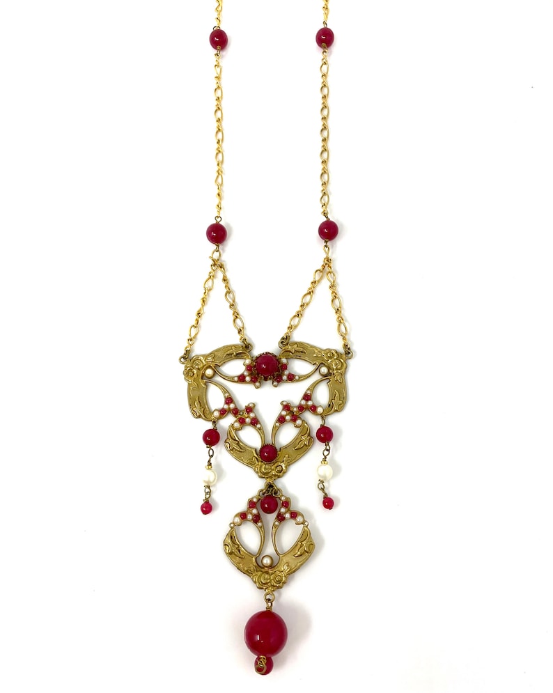 Pink /& Pearl Long Pendant Necklace Vintage 1980s Vintage Italy Art Nouveau Inspired Gold