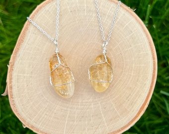 Citrine Wire Wrap Tumbled Crystal Silver Necklace Pendant, Citrine Wire Wrap Pendant