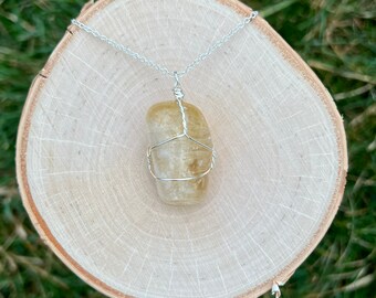 Citrine Wire Wrap Tumbled Crystal Silver Necklace Pendant, Citrine Wire Wrap Pendant