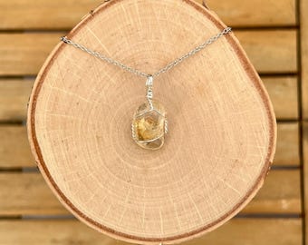 Citrine Wire Wrap Tumbled Crystal Silver Necklace Pendant, Dainty Citrine Wire Wrap Pendant