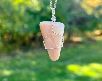 Peach Moonstone Silver Wire Wrap Crystal Pendant Necklace