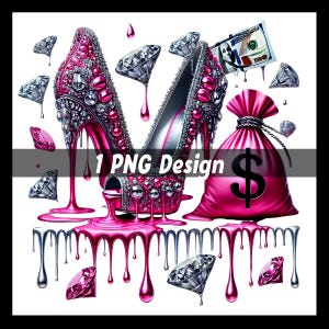 Tacones altos con stilettos PNG de Money Hustler / Clip art con bolsa de dinero / Citas de Girl Boss Babe / Pegatinas de dinero de sublimación de Hustle Queen para manicura