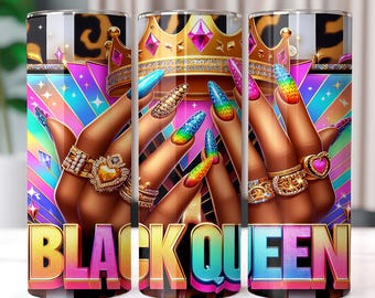Black Queen Tumbler Wrap 4 Piece Bundle | Black Queen I Am 20 OZ Skinny Tumbler Design | Straight Sublimation Wrap Design | Gifts for Mom
