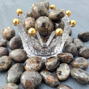 May include: A collection of tumbled black and brown stones with flecks of gold glitter. The stones are in a clear glass bowl with gold accents.