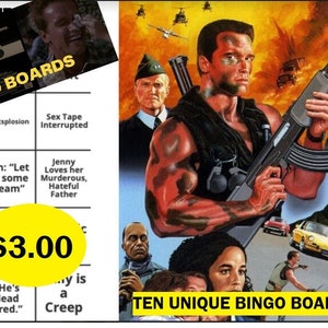 May include: A yellow and black bingo card with the title "Beer Money Bingo Boards" and the text "Commando". The card has squares with phrases like "Close-up of Chainsaw", "Late for Garbage Day", and "Free fallin'". The card is priced at $3.00.
