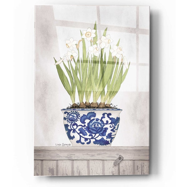 Acrylic Glass Wall Art 'Blue and White Daffodils II' by Linda Spivey