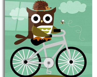 Acrylic Glass Wall Art 'Owl and Hedgehog on Bicycle' by Nancy Lee