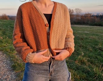 Patrón de crochet The Halfway There Cardigan, cárdigan color block con botones, hecho a medida, PDF digital, inglés EE. UU., holandés