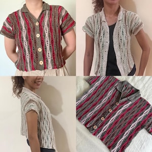 Puede incluir: Camisa de manga corta de ganchillo con cuello y botones de madera. La camisa presenta un patr&oacute;n de rayas en tonos marr&oacute;n, rojo y blanco. El dise&ntilde;o de tejido abierto a&ntilde;ade una textura &uacute;nica a la prenda.