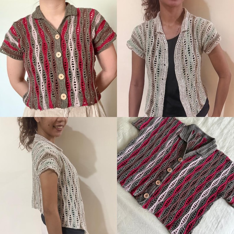 Puede incluir: Camisa de manga corta de ganchillo con cuello y botones de madera. La camisa presenta un patr&oacute;n de rayas en tonos marr&oacute;n, rojo y blanco. El dise&ntilde;o de tejido abierto a&ntilde;ade una textura &uacute;nica a la prenda.