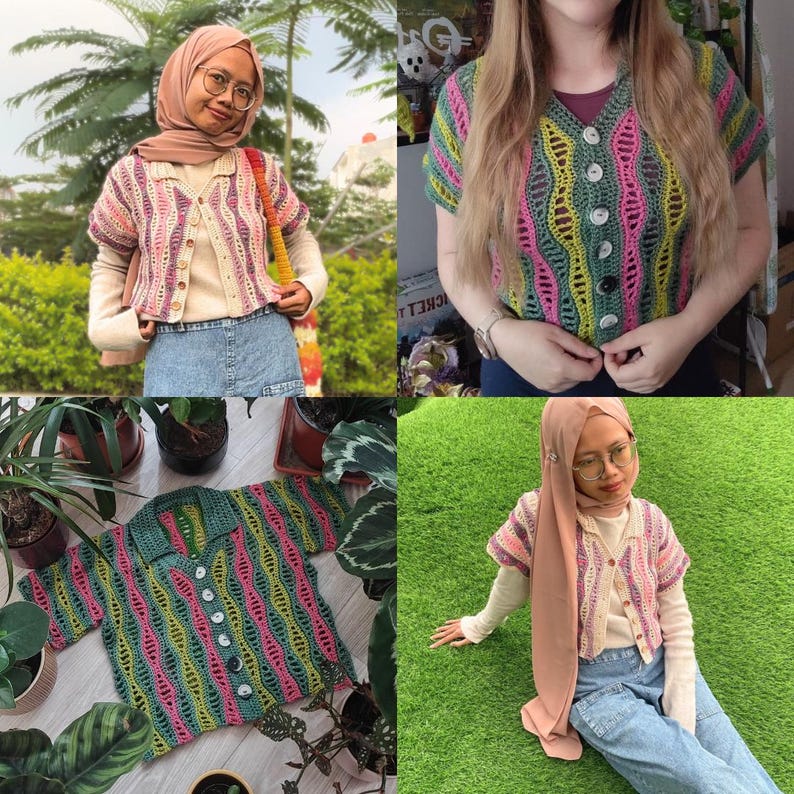 Puede incluir: Una colecci&oacute;n de c&aacute;rdigans de ganchillo hechos a mano y coloridos. Los c&aacute;rdigans presentan un dise&ntilde;o abotonado, mangas cortas y un patr&oacute;n de rayas en tonos rosa, verde, amarillo y blanco. Las prendas se muestran en diferentes personas.