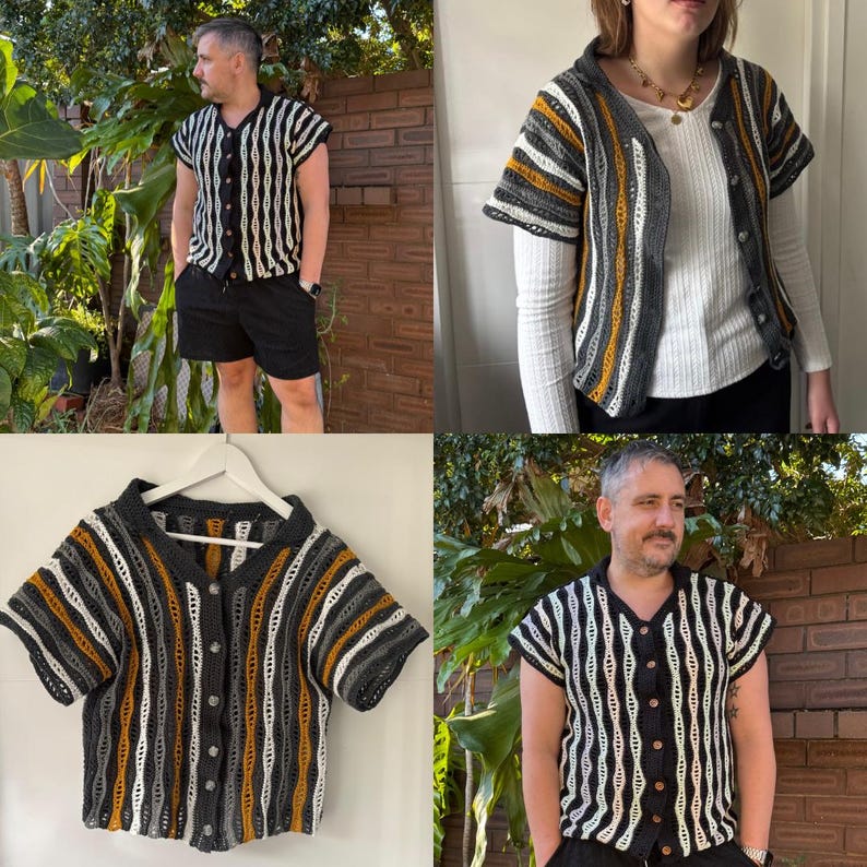 Puede incluir: Una camisa de crochet de manga corta con botones en un patr&oacute;n de rayas negras, blancas y grises, con toques de amarillo. La camisa se muestra en una percha y la usan dos personas en diferentes entornos. La camisa tiene cuello y botones en la parte delantera.