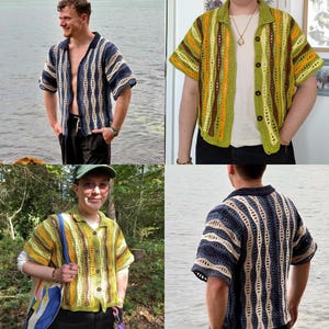 Puede incluir: Una colecci&oacute;n de camisas de crochet de manga corta y frente abierto. Las camisas presentan patrones de rayas verticales en varias combinaciones de colores, incluyendo azul y crema, y verde, amarillo y marr&oacute;n. Las camisas tienen cuello y botones.