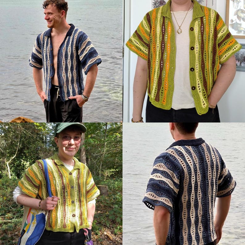 Puede incluir: Una colecci&oacute;n de camisas de crochet de manga corta y frente abierto. Las camisas presentan patrones de rayas verticales en varias combinaciones de colores, incluyendo azul y crema, y verde, amarillo y marr&oacute;n. Las camisas tienen cuello y botones.