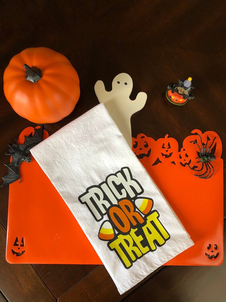 Trick Or Treat Tea TowelHalloweenCandy CornHousewarming GiftKitchen DecorPersonalizedSoft Absorbent