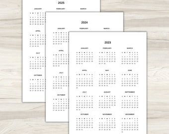 Year at a glance 2023, 2024, 2025, PDF, Excel template, year at a glance calendar, minimalist calendar, Letter, A5, A4 excel calendar