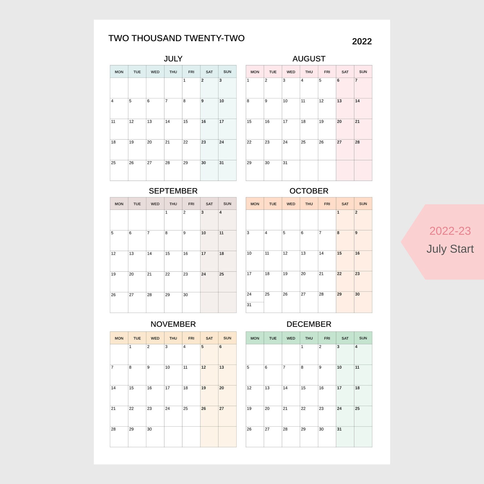 Halbjahreskalender Juli 2022 bis Juni 2023 Kalender 6 Monate  Etsy
