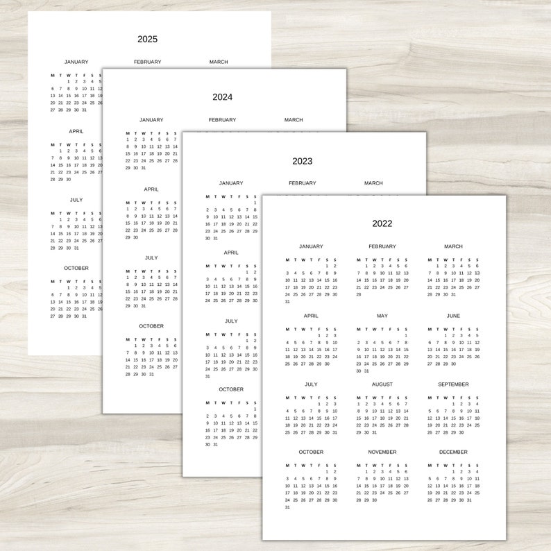 Year at a glance 2022 2023 2024 2025 pdf excel and google etsy singapore