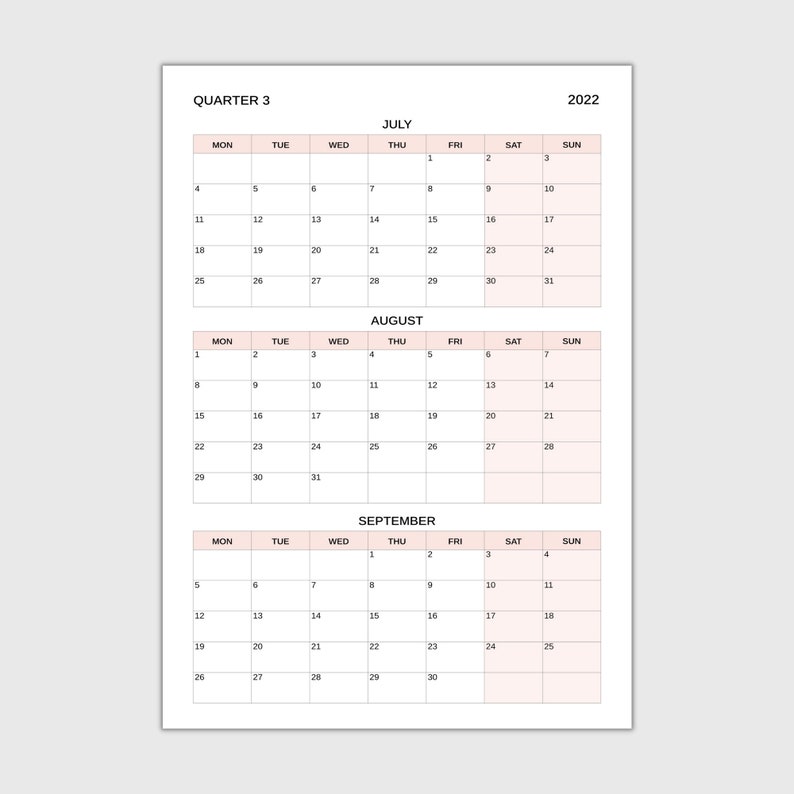 Quarterly Calendar 2022 2023 Template A4 and Letter Size - Etsy