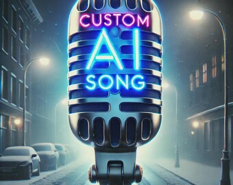 May include: A stylized microphone with the words "CUSTOM AI SONG" in neon lights. The microphone is silver with a blue mesh and is set against a snowy street scene with streetlights and parked cars.