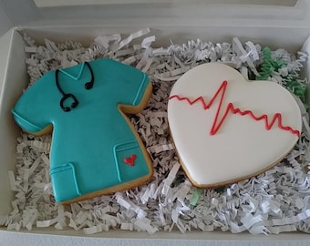 Nurse Themed Cookies, Decorated Scrubs Cookies, Heart Cookies, Medical Gift Sets