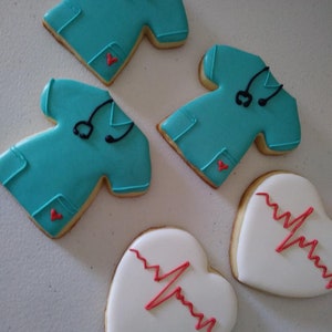 Decorated Nurse Scrubs Cookies, Nurse Themed, Heart Cookies, Medical Gift Cookies