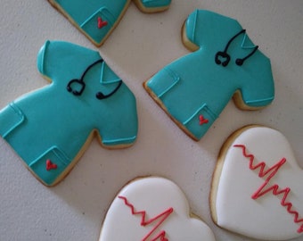 Decorated Nurse Scrubs Cookies, Nurse Themed, Heart Cookies, Medical Gift Cookies