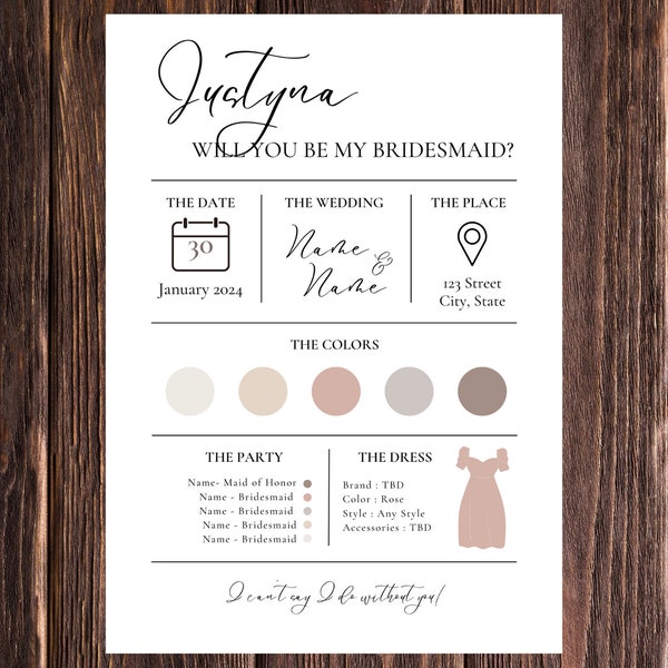 Editable Bridal Party Proposal Card, Bridal Party Template, With Wedding Information, Instant Download, Printable, Edit with Canva