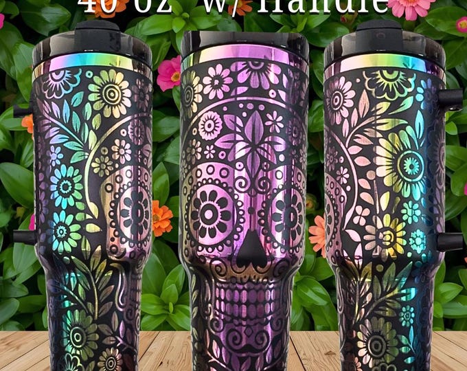 Skull Engraved Stainless Steel Tumbler with Handle – Gothic Drinkware Gift