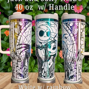 May include: Three white 40 oz tumblers with rainbow accents and the text "Jack and Sally NMBC". Each tumbler features a different stained-glass style design with Jack and Sally characters. The tumblers have handles and white lids.