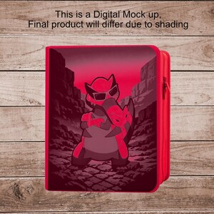 Könnte beinhalten: Roter Ordner mit Reißverschluss mit einer Cartoonfigur mit Sonnenbrille und Jacke, vor rotem Canyon-Hintergrund. Der Text oben lautet: "This is a Digital Mock up, Final product will differ due to shading."