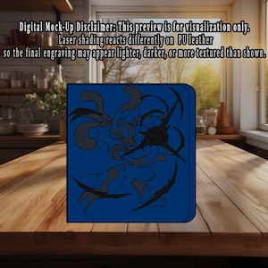 May include: A blue PU leather item featuring a gray illustration of a creature with sharp claws and a circular design. The text "Digital Mock-Up Disclaimer" is visible at the top.