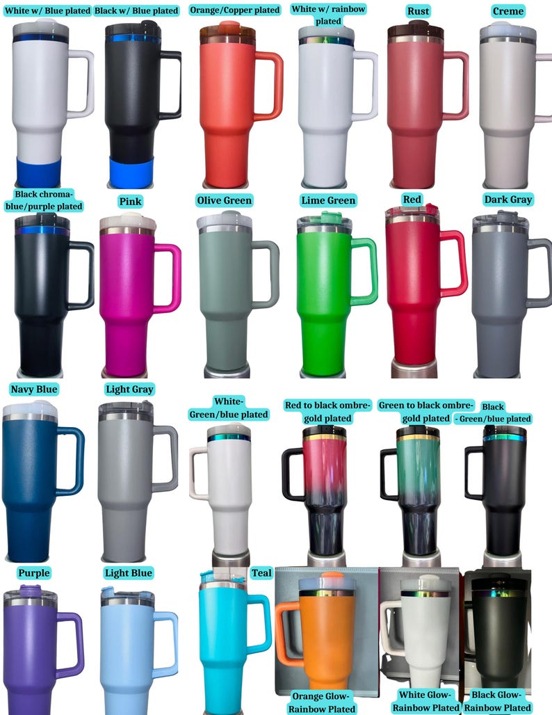May include: A collection of insulated travel mugs in various colors, including white, black, orange, pink, green, red, and gray. Each mug has a handle and a lid. Some mugs have plated accents in blue, rainbow, or gold.