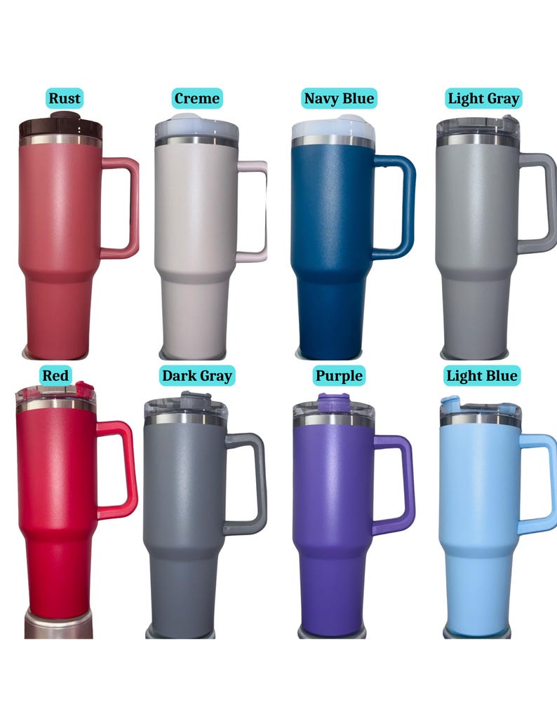 May include: Eight insulated travel mugs in various colors, including rust, creme, navy blue, light gray, red, dark gray, purple, and light blue. Each mug has a handle, a lid, and a stainless steel body.