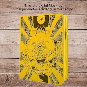 Może przedstawiać: Żółte etui zapinane na zamek z szczegółową czarną ilustracją. Grafika przedstawia postać z motywem promieni słonecznych i tekstem: "This is a digital Mock up Final product will differ due to shading."