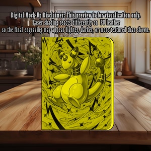 Puede incluir: Un cuaderno amarillo con una ilustración de dibujos animados de una criatura. El diseño presenta un fondo amarillo con rayos y estrellas. El texto en la parte superior dice: Digital Mock-Up Disclaimer: This preview is for visualization only. Laser shading reacts differently on PU leather so the final engraving may appear lighter, darker, or more textured than shown.