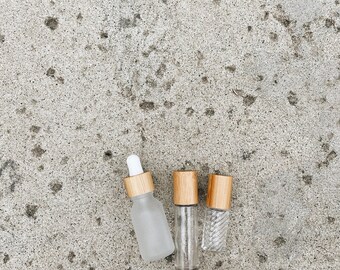 Bamboo Essential Oils Bottle Collection, glass rollers with bamboo tops, serum bottle