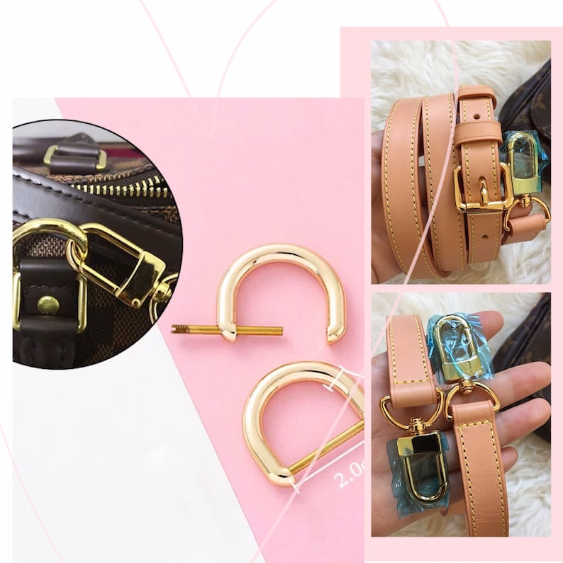 May include: Gold-toned metal hardware for a handbag strap. The hardware includes a swivel hook, a D-ring, and a screw. The hardware is shown on a pink background.