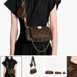 May include: A brown and tan monogrammed Louis Vuitton handbag with a green strap and a smaller round coin purse. The handbag has a gold chain strap and the text "Louis Vuitton Paris" is visible on the front of the bag.