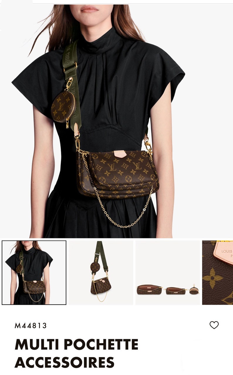 May include: A brown and tan monogrammed Louis Vuitton handbag with a green strap and a smaller round coin purse. The handbag has a gold chain strap and the text "Louis Vuitton Paris" is visible on the front of the bag.
