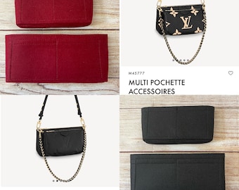 May include: A collage of handbag organizers and purses. Two red felt organizers are displayed, one above the other. Two black purses with gold chain straps are shown, one with a black monogram pattern and the other with a black embossed design.