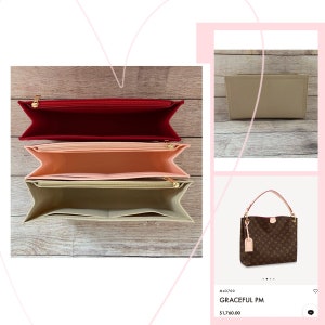May include: Three different colored felt bag organizers, red, pink, and beige, are shown open and laid out on a wood surface. The organizers are designed to fit inside a luxury handbag. The bag organizer is a popular accessory for keeping handbags organized.